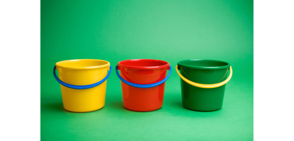 Line of coloured buckets