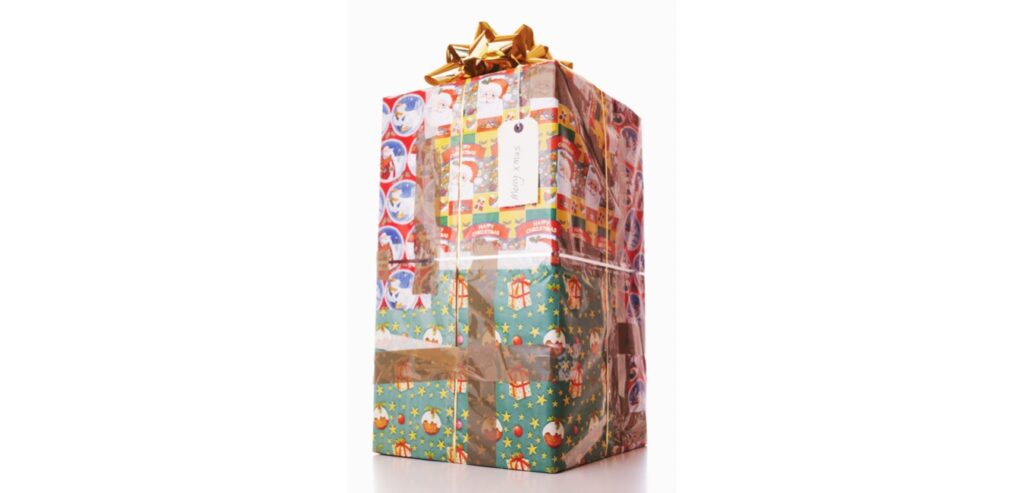 A present wrapped in a patchwork of wrapping paper