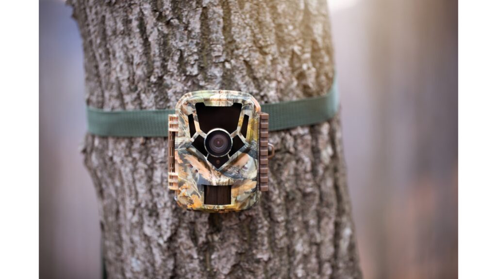 Wildlife camera strapped to a tree