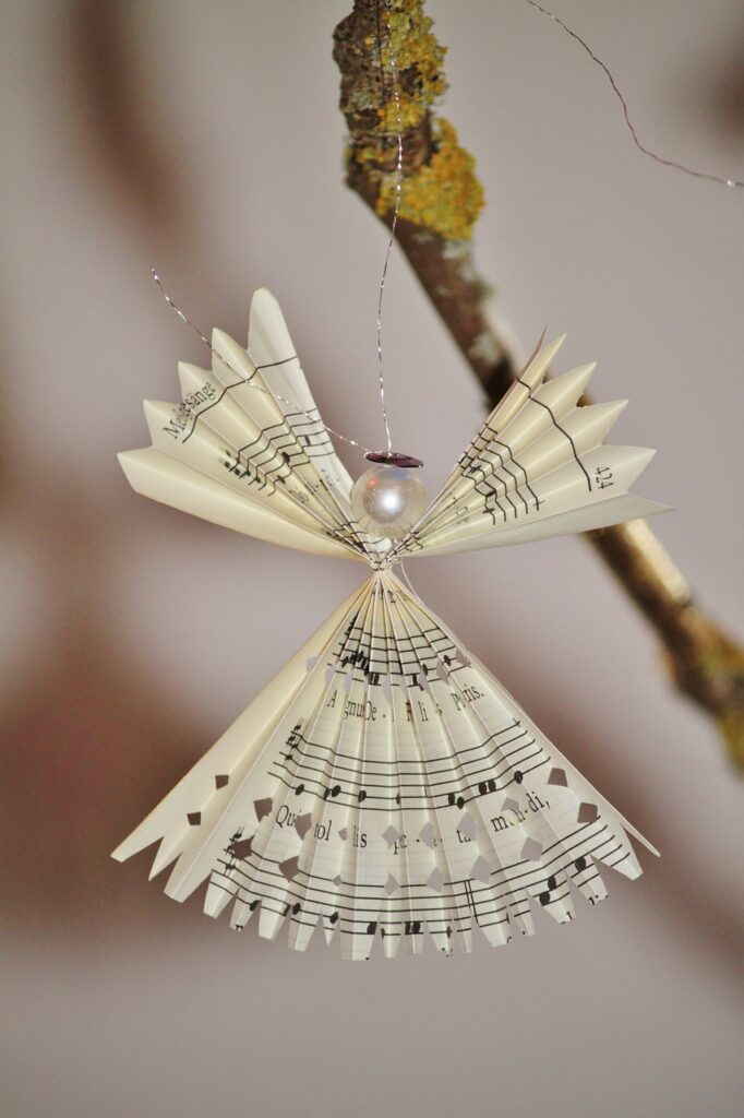 Christmas crafts, angel made from sheet music