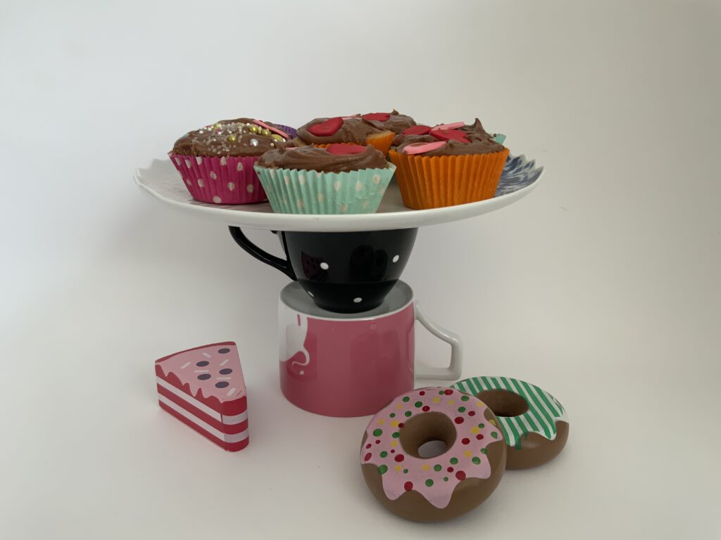 Up-cycled cake stand with old plates and tea cup
