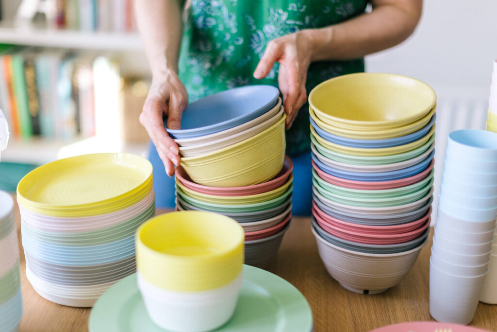 Piles of coloured bowls