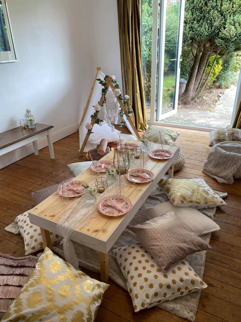 Pink picnic table set up
