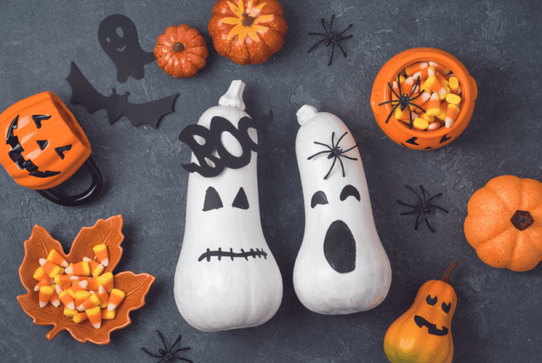 Spooky ghostly decorated squashes and pumpkins