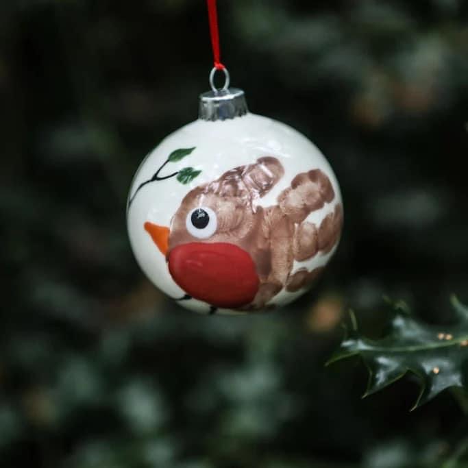 Robin painted baubles for christmas