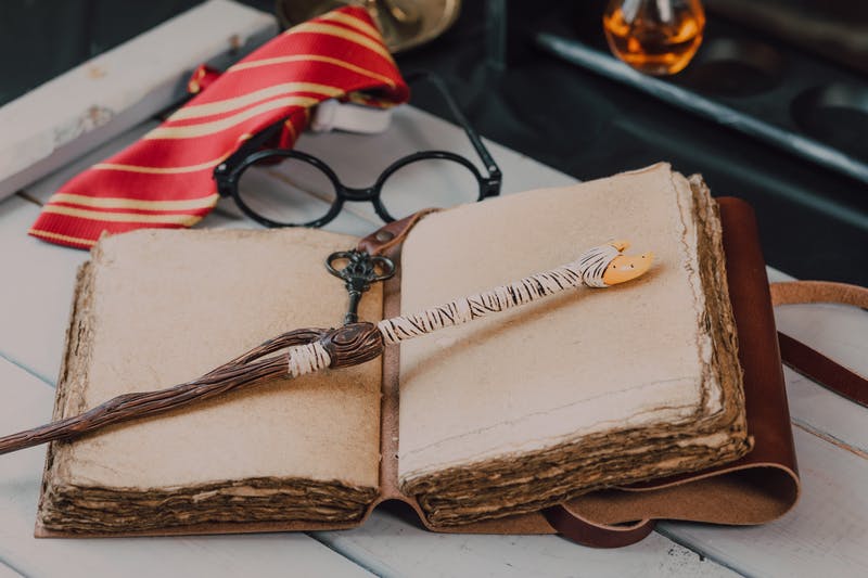Spell book, wand and glasses