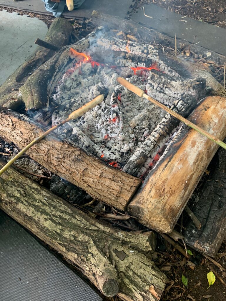 Cooking bread on sticks round the fire - Forest school style parties
