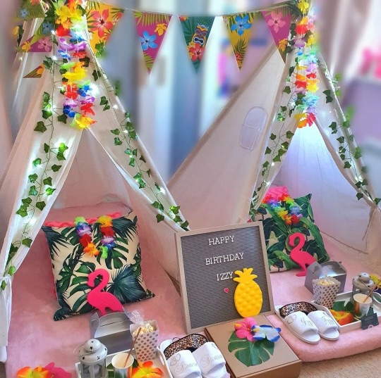 Tropical teepee set up - Cornwall teepee sleepover hire - Sleepover birthday parties for kids