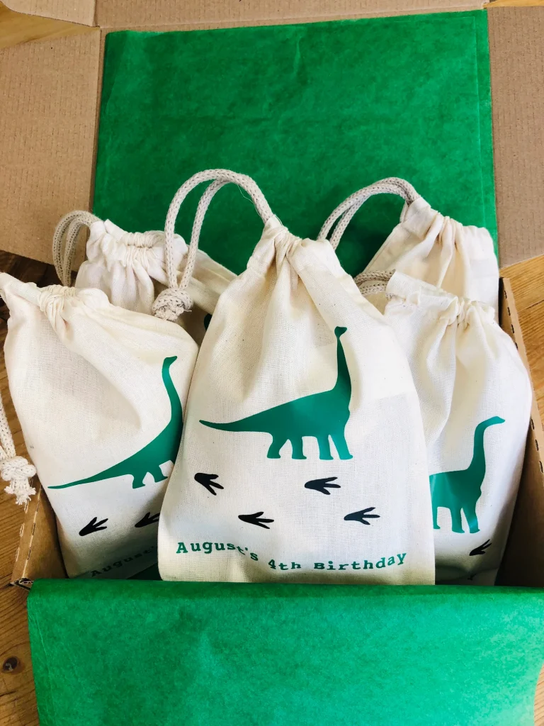 Fabric party bags with dinosaurs