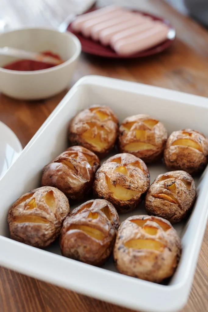 Jacket potatoes with face cut into them